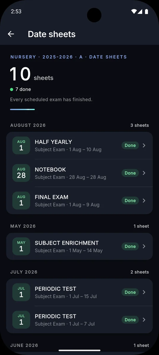 Date sheets for the year: half-yearly, notebook and final exams