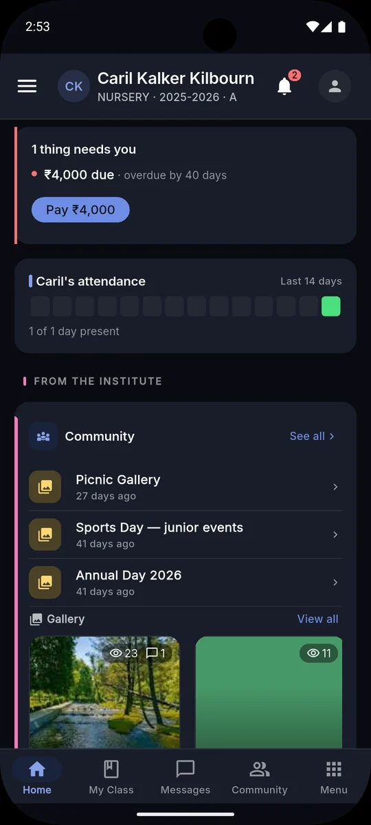 Parent view: fee due with a Pay button and 14 days of attendance