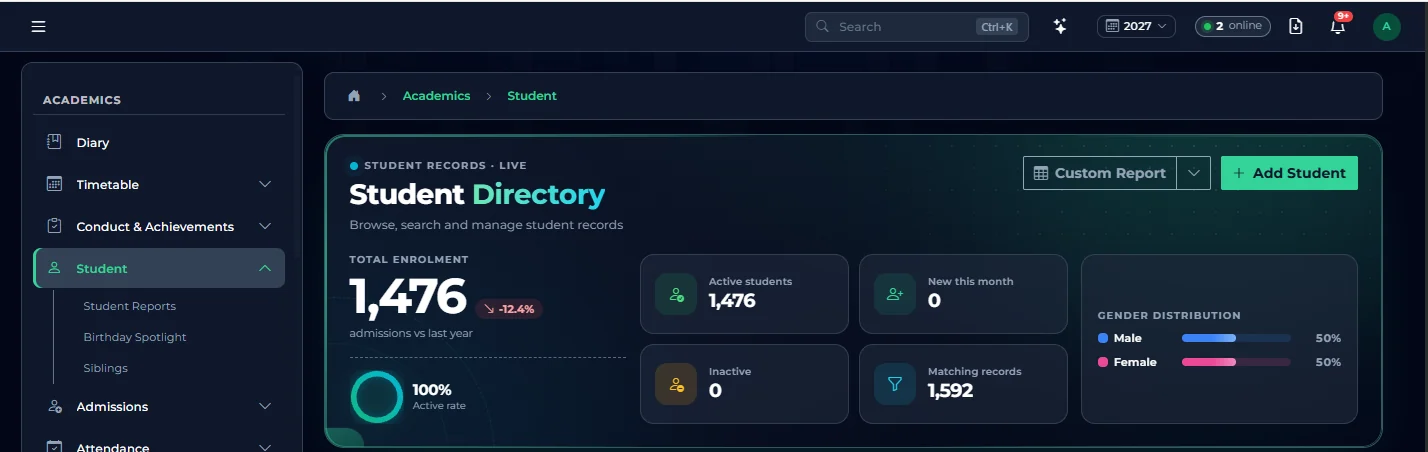 Acado student directory at a live school: 1,476 students enrolled, 100% active